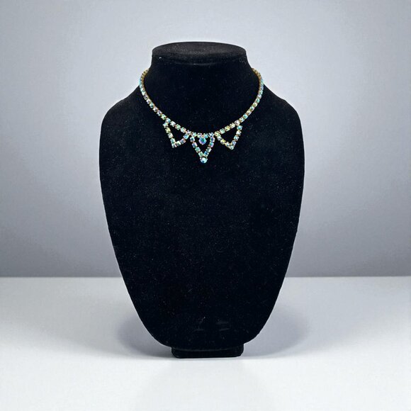 Vintage Blue Aurora Borealis Rhinestone Necklace Triple Triangle Necklace - Picture 5 of 11